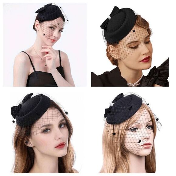 🖤 Pinup Accessory 1950s Retro Vintage Fascinator Black Pillbox Pearl Veil Hat - Picture 2 of 13